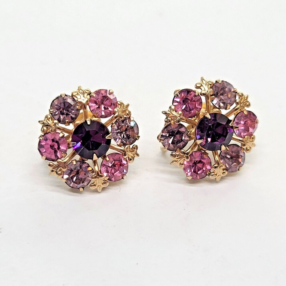 Vintage Purple pink rhinestones clip on earrings gold tone filigree brass estate